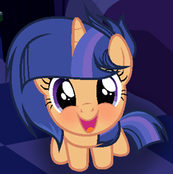 Size: 371x372 | Tagged: safe, artist:badumsquish, artist:badumsquish-edits, artist:galaxyswirlsyt, imported from derpibooru, part of a set, oc, oc only, oc:galaxy swirls, pony, unicorn, badumsquish's kitties, base used, blushing, female, happy, looking at you, looking up, looking up at you, mare, offspring, open mouth, parent:flash sentry, parent:twilight sparkle, parents:flashlight, sitting, smiling, solo