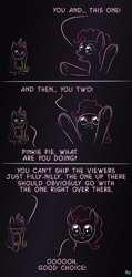 Size: 567x1196 | Tagged: safe, artist:quint-t-w, imported from derpibooru, pinkie pie, princess cadance, comic, dialogue, fourth wall, fourth wall destruction, gradient background, implied shipping, looking at you, meta, princess of shipping, shipper on deck, shipper pie, shipping, talking, underhoof