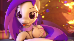 Size: 3840x2160 | Tagged: safe, artist:lunati, imported from derpibooru, oc, oc only, oc:takahashi, pegasus, pony, 3d, 4k, :p, bowtie, christmas, christmas tree, cute, female, holiday, looking at you, lying down, solo, source filmmaker, tongue out, tree