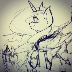 Size: 1080x1080 | Tagged: safe, artist:blvckmagic, imported from derpibooru, princess luna, pony, female, looking back, mare, monochrome, sketch, smiling, solo