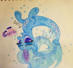 Size: 1618x1512 | Tagged: safe, artist:lunarcipher1, imported from derpibooru, trixie, seapony (g4), my little pony: the movie, colored pencil drawing, colored pupils, colored sketch, cup, female, grin, magic, seaponified, seapony trixie, sketch, smiling, solo, species swap, teacup, traditional art