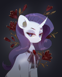 Size: 1745x2160 | Tagged: safe, artist:dagmell, imported from derpibooru, rarity, pony, unicorn, blue eyes, bow-knot, chromatic aberration, clothes, curved horn, female, flower, gem, looking at you, magnolia, purple hair, ruby, solo, tape