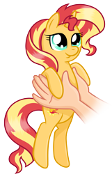 Size: 3501x5429 | Tagged: safe, artist:sugar-loop, imported from derpibooru, sunset shimmer, human, pony, unicorn, cute, disembodied hand, hand, holding a pony, offscreen character, shimmerbetes, simple background, transparent background, weapons-grade cute