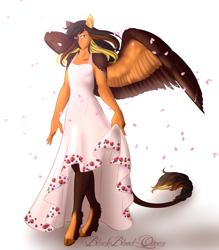 Size: 2689x3070 | Tagged: safe, artist:blackblood-queen, imported from derpibooru, oc, oc only, oc:daniel dasher, anthro, dracony, hybrid, pegasus, unguligrade anthro, anthro oc, clothes, cloven hooves, crossdressing, dress, leonine tail, male, solo, stallion, wings