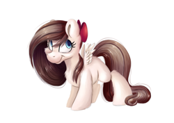 Size: 3508x2480 | Tagged: safe, artist:cutepencilcase, imported from derpibooru, oc, oc only, oc:aurelia freefeather, oc:aurelleah, oc:aurry, pegasus, pony, bow, chest fluff, ear fluff, female, fluffy, hair bow, happy, long mane, long tail, looking up, mare, simple background, smiling, solo