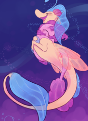 Size: 638x880 | Tagged: safe, artist:bananasmores, imported from derpibooru, pinkie pie, princess skystar, seapony (g4), my little pony: the movie, bubble, duo, female, hug, lesbian, seaponified, seapony pinkie pie, shipping, skypie, species swap, swimming, underwater