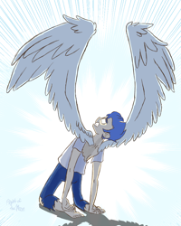 Size: 800x1000 | Tagged: safe, artist:flight-of-the-moon, deleted from derpibooru, imported from derpibooru, flash sentry, human, equestria girls, clothes, glowing eyes, humanized, male, ripping clothes, solo, transformation, winged humanization, wings