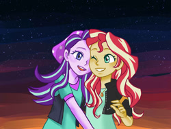 Size: 1024x768 | Tagged: safe, artist:faycoon, imported from derpibooru, starlight glimmer, sunset shimmer, equestria girls, mirror magic, spoiler:eqg specials, beanie, clothes, female, geode of empathy, hat, jacket, lesbian, shimmerglimmer, shipping, shirt, smiling, vest