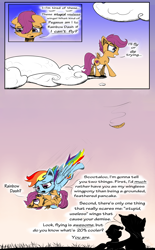 Size: 1500x2415 | Tagged: safe, artist:chopsticks, imported from derpibooru, rainbow dash, scootaloo, pegasus, pony, attempted suicide, backlighting, backlit, cloud, comic, crying, dialogue, duo, falling, feather, feels, female, filly, foal, heartwarming, mare, rescue, sad, scootaloo can't fly, scootalove, scootasad, silhouette, speech bubble, suicide, sunset