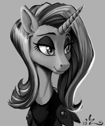 Size: 750x900 | Tagged: safe, artist:amarynceus, imported from derpibooru, sassy saddles, pony, unicorn, bust, clothes, ear fluff, female, gray background, grayscale, lidded eyes, mare, monochrome, portrait, simple background, smiling, solo