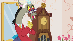 Size: 1280x720 | Tagged: safe, imported from derpibooru, screencap, discord, draconequus, discordant harmony, clock, clothes, cute, discute, glasses, grandfather clock, hands together, happy, male, mirror, necktie, open mouth, smiling, solo, sweater