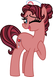 Size: 593x863 | Tagged: safe, artist:starryoak, artist:strawberry-spritz, imported from derpibooru, oc, oc only, oc:ruby rich, earth pony, pony, miracleverse, alternate universe, female, mare, nurse, one eye closed, parent:filthy rich, parent:spoiled rich, raised hoof, simple background, smiling, transparent background, vector, wink