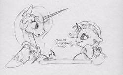 Size: 2116x1285 | Tagged: safe, artist:dilarus, deleted from derpibooru, imported from derpibooru, princess celestia, rarity, alicorn, pony, unicorn, royal sketchbook, bedroom eyes, dialogue, duo, female, floppy ears, lesbian, looking at each other, mare, monochrome, pencil drawing, rarilestia, shipping, simple background, sketch, smiling, traditional art, white background