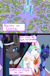 Size: 5184x7776 | Tagged: safe, artist:jeyjeymohr, imported from derpibooru, king sombra, princess celestia, princess luna, alicorn, pony, unicorn, comic:crownless, absurd resolution, comic, crystal empire, ethereal mane, galaxy mane