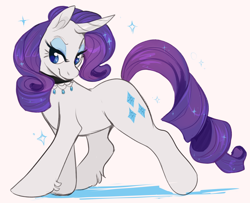 Size: 1618x1316 | Tagged: safe, artist:jboppity, imported from derpibooru, rarity, pony, unicorn, curved horn, female, jewelry, lidded eyes, mare, necklace, simple background, smiling, solo, sparkles, unshorn fetlocks, white background