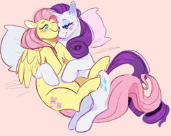 Size: 1572x1251 | Tagged: safe, artist:jboppity, imported from derpibooru, fluttershy, rarity, pegasus, pony, unicorn, blushing, female, flarity, lesbian, lidded eyes, looking at each other, lying, mare, on back, shipping, snuggling