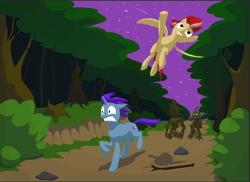 Size: 1168x852 | Tagged: safe, artist:lord-destrustor, imported from derpibooru, oc, oc only, pegasus, pony, timber wolf, unicorn, comet, everfree forest, fanfic, fanfic art, flying, horn, pegasus oc, running, stars, tree, unicorn oc, wings