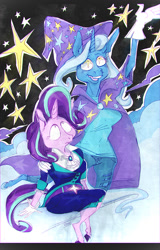 Size: 770x1200 | Tagged: safe, artist:ursa, imported from derpibooru, starlight glimmer, trixie, anthro, unguligrade anthro, unicorn, cape, clothes, hat, stars, trixie's cape, trixie's hat