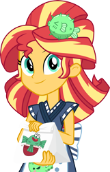 Size: 3000x4650 | Tagged: safe, artist:cloudy glow, artist:cloudyglow, imported from derpibooru, sunset shimmer, eqg summertime shorts, equestria girls, good vibes, alternate hairstyle, apron, bag, clothes, female, happi, high res, looking at you, simple background, smiling, solo, standing, sunset sushi, transparent background, uniform, vector