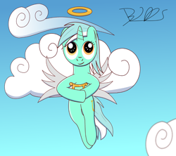 Size: 1800x1595 | Tagged: safe, artist:trackheadtherobopony, imported from derpibooru, lyra heartstrings, pony, unicorn, angel, cloud, female, flying, halo, lyre, signature, sky, solo, species swap, wings