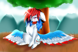 Size: 1024x681 | Tagged: safe, artist:anasflow, imported from derpibooru, oc, oc only, oc:lovely delirious, pegasus, pony, chest fluff, choker, colored wings, eye scar, female, mare, multicolored wings, scar, sitting, solo, spiked choker, tree