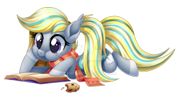 Size: 1024x549 | Tagged: safe, artist:centchi, imported from derpibooru, oc, oc only, oc:booker, earth pony, pony, book, clothes, cookie, female, food, mare, prone, scarf, simple background, solo, transparent background, watermark