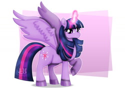 Size: 1600x1131 | Tagged: safe, artist:jotakaanimation, imported from derpibooru, twilight sparkle, alicorn, pony, abstract background, female, glowing horn, mare, raised hoof, smiling, solo, twilight sparkle (alicorn), unshorn fetlocks