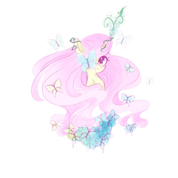 Size: 5000x5000 | Tagged: safe, artist:pinkablue, imported from derpibooru, fluttershy, butterfly, pony, leak, spoiler:g5, absurd resolution, blushing, bust, female, fluttershy (g5 concept leak), fluttershy (g5), g5, g5 concept leak style, g5 concept leaks, long mane, looking at you, mare, portrait, simple background, smiling, solo, unicorn fluttershy, white background