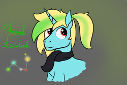 Size: 1200x800 | Tagged: safe, artist:dyonys, imported from derpibooru, oc, oc only, oc:freak accident, unicorn, bust, clothes, cutie mark, male, scarf, simple background, sketch, smiling, stallion, text