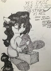 Size: 2894x4029 | Tagged: safe, artist:littlenaughtypony, imported from derpibooru, oc, oc only, oc:anon, oc:floor bored, earth pony, pony, ..., clothes, dialogue, female, mare, monochrome, offscreen character, present, sitting, smelly, smelly socks, socks, traditional art