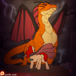 Size: 4000x4000 | Tagged: safe, artist:mr.smile, imported from derpibooru, oc, oc only, oc:vennik, oc:vennik the red, dragon, cape, clothes, fight, impending doom, mouth hold, patreon, patreon logo, scar, sword, weapon