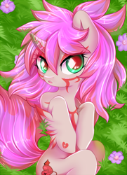 Size: 600x830 | Tagged: safe, artist:cabbage-arts, imported from derpibooru, oc, oc only, oc:ana amira, pony, succubus, unicorn, body markings, commissioner:pektorel, cute, female, flower, grass, looking at you, lying down, mare, ocbetes, on back, solo, wide eyes, ych result