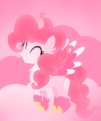 Size: 425x512 | Tagged: safe, artist:alphys1547, imported from derpibooru, pinkie pie, pony, leak, spoiler:g5, abstract background, base used, colored hooves, colored wings, eyes closed, feathered fetlocks, female, g5, g5 concept leak style, g5 concept leaks, grin, multicolored wings, pegasus pinkie pie, pinkie pie (g5 concept leak), pinkie pie (g5), smiling, solo