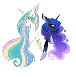 Size: 752x761 | Tagged: safe, artist:pandemiamichi, artist:s1nb0y, imported from derpibooru, princess celestia, princess luna, pony, alternate design, bust, colored wings, female, multicolored wings, portrait, simple background, sisters, transparent background