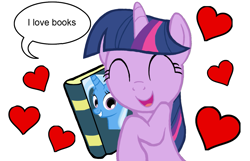 Size: 1321x851 | Tagged: artist needed, safe, imported from derpibooru, trixie, twilight sparkle, pony, unicorn, book, dialogue, eyes closed, female, floating heart, heart, lesbian, mare, shipping, simple background, smiling, solo, that pony sure does love books, twixie, white background