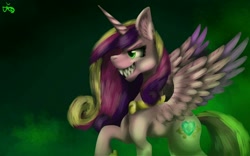 Size: 1280x800 | Tagged: safe, artist:lordofthefeathers, imported from derpibooru, princess cadance, queen chrysalis, alicorn, pony, disguise, disguised changeling, fake cadance, female, sharp teeth, solo, teeth