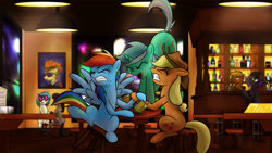 Size: 6400x3600 | Tagged: safe, artist:theravencriss, imported from derpibooru, applejack, dj pon-3, lyra heartstrings, octavia melody, rainbow dash, spitfire, vinyl scratch, oc, earth pony, pegasus, pony, unicorn, absurd resolution, alcohol, arm wrestling, bar, cider, female, irrational exuberance, male, mare, mug, smiling, stallion, table, tankard