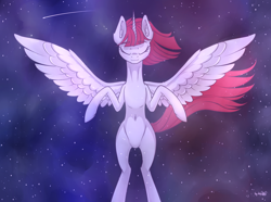 Size: 3876x2880 | Tagged: safe, alternate version, artist:dsp2003, imported from derpibooru, oc, oc only, oc:fausticorn, alicorn, pony, alicorn oc, belly button, eyes closed, female, mare, shooting star, solo, space, stars