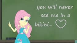 Size: 960x540 | Tagged: safe, edit, imported from derpibooru, screencap, fluttershy, a little birdie told me, equestria girls, equestria girls series, bikini, chalkboard, clothes, female, geode of fauna, heart, jewelry, magical geodes, meme, necklace, solo, swimsuit