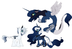 Size: 2270x1555 | Tagged: safe, artist:aquadove, imported from derpibooru, princess luna, oc, oc:atlas, oc:libra, classical unicorn, draconequus, hybrid, unicorn, alternate design, cloven hooves, colt, draconequus oc, ethereal mane, female, half-siblings, interspecies offspring, leonine tail, male, offspring, parent:discord, parent:princess luna, parent:unnamed oc, parents:canon x oc, parents:lunacord, simple background, starry mane, transparent background, unshorn fetlocks