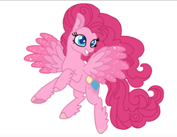 Size: 1510x1170 | Tagged: safe, artist:smurfettyblue, derpibooru exclusive, imported from derpibooru, pinkie pie, pony, leak, spoiler:g5, feathered fetlocks, female, flying, g5, g5 concept leak style, g5 concept leaks, pegasus pinkie pie, pinkie pie (g5 concept leak), pinkie pie (g5), simple background, smiling, solo, spread wings, trace, white background, wings