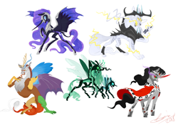 Size: 1700x1200 | Tagged: safe, artist:creeate97, imported from derpibooru, discord, king sombra, nightmare moon, queen chrysalis, storm king, alicorn, changeling, changeling queen, draconequus, pony, storm creature, unicorn, my little pony: the movie, armor, barbels, bat wings, canines, cloak, clothes, female, hybrid wings, male, mare, redesign, scales, simple background, smiling, stallion, third eye, three eyes, whiskers, white background