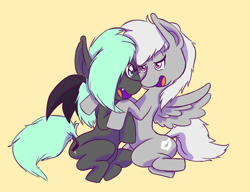 Size: 1300x1000 | Tagged: safe, artist:skeletonburglar, imported from derpibooru, oc, oc only, bat pony, pegasus, pony, bat pony oc, cuddling, female, happy, hug, lesbian, looking at each other, oc x oc, open mouth, shipping, simple background