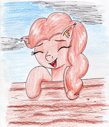 Size: 2316x2706 | Tagged: safe, artist:40kponyguy, derpibooru exclusive, imported from derpibooru, pinkie pie, earth pony, pony, 30 minute art challenge, cloud, ear fluff, eyes closed, female, fence, happy, laughing, solo, traditional art