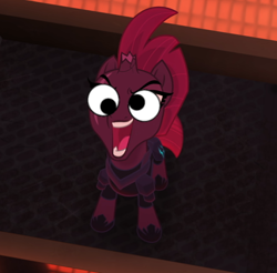 Size: 614x605 | Tagged: safe, edit, edited screencap, imported from derpibooru, screencap, tempest shadow, pony, unicorn, my little pony: the movie, >:d, cute, derp, eye scar, faic, female, googly eyes, happy, majestic as fuck, meme, open mouth, open up your *very* eyes, open up your eyes, pretty pretty tempest, scar, silly, silly pony, solo, special eyes, yay