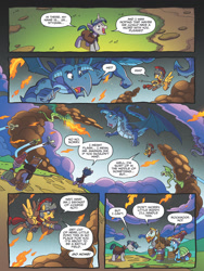 Size: 768x1024 | Tagged: safe, artist:tonyfleecs, idw, imported from derpibooru, flash magnus, meadowbrook, rockhoof, stygian, amphiptere, dragon, earth pony, pegasus, pony, unicorn, legends of magic, spoiler:comic, spoiler:comiclom10, cloak, clothes, comic, female, male, mare, official comic, preview, royal legion, stallion