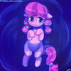 Size: 750x750 | Tagged: safe, artist:lumineko, imported from derpibooru, lily longsocks, earth pony, pony, adorasocks, anatomically incorrect, blushing, c:, cute, female, filly, floating, floppy ears, incorrect leg anatomy, lilydorable, looking at you, on back, pigtails, smiling, solo, water