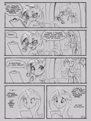 Size: 1200x1600 | Tagged: safe, artist:amarynceus, imported from derpibooru, derpy hooves, rarity, sassy saddles, pegasus, pony, unicorn, comic:addressing the sun, clipboard, clothes, comic, dialogue, female, floppy ears, glasses, glowing horn, letter, magic, mailmare, mare, monochrome, mouth hold, sketch, speech bubble, telekinesis, unshorn fetlocks