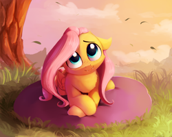 Size: 2500x2000 | Tagged: safe, artist:miokomata, imported from derpibooru, fluttershy, pegasus, pony, cute, cute little fangs, fangs, female, floppy ears, fluffy, head tilt, hnnng, looking at you, looking up, mare, outdoors, pillow, prone, shyabetes, smiling, solo, weapons-grade cute