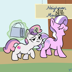 Size: 2000x2000 | Tagged: safe, artist:yakoshi, imported from derpibooru, diamond tiara, sweetie belle, earth pony, pony, unicorn, bag, eyes closed, female, filly, looking at you, magic, open mouth, shopping bag, shopping bags, telekinesis